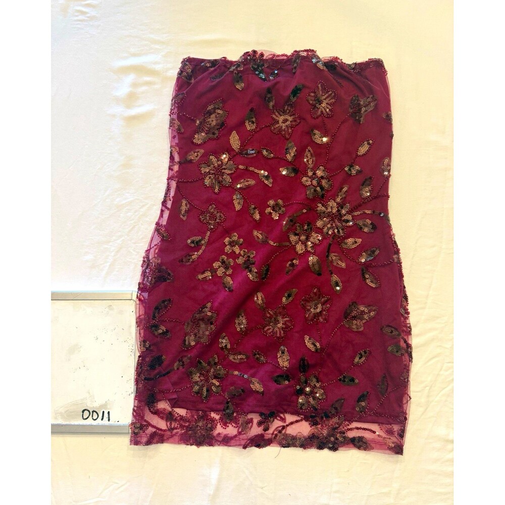 Strapless Burgundy Sequin Floral Mesh Mini Dress Size 10 Zip Party Polyester